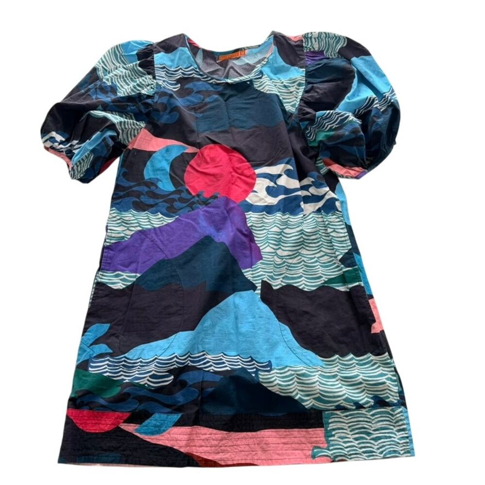 Oliphant Puff Sleeve Short Dress Pacifica Abstract Medium Blue Black Avant Garde